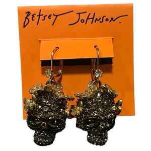 BETSEY JOHNSON Halloween Gunmetal Weathered Skull & Gold Butterfly Earrings NWT